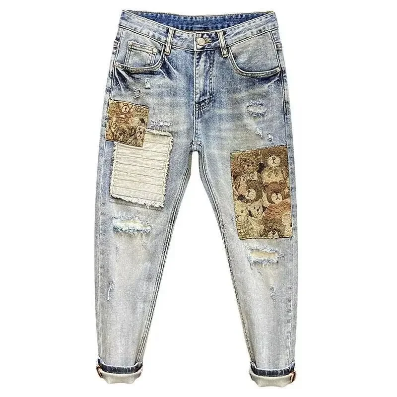 البوب أربعة مواسم الرجال عادية العصرية هول مرقع فضفاض سراويل جينز موضة جديدة الكورية رقيقة غسلها الضوء الأزرق الجينز السراويل مال