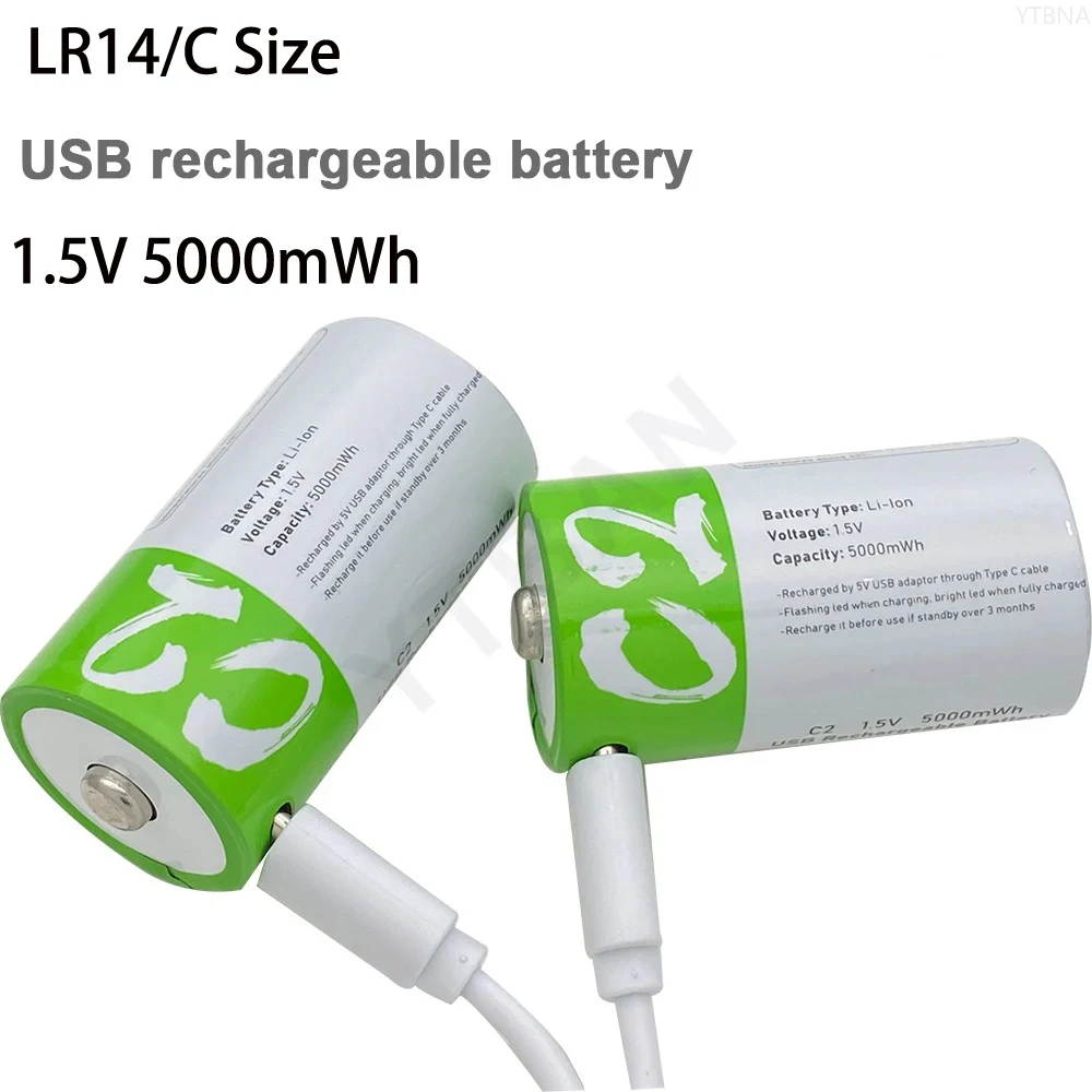 Batería de litio recargable para linterna de Radio, pila de 1,5 V, 5000mWh, LR14, tamaño C, C2, carga ultrarrápida