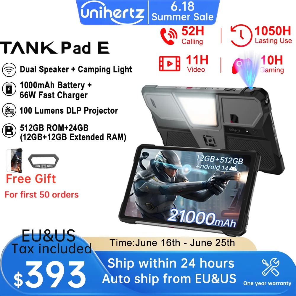

Unihertz 8849 TANK PAD E Rugged Projector Tablet Smartphone 10.95 inch 24GB 512GB 21000mAh 32MP 50MP Camera Android 14 Phone PAD