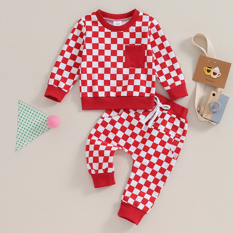 

Toddler Newborn Baby Boys 2PCS Pants Sets Long Sleeve Checkerboard Print Sweatshirt and Drawstring Pants Sets