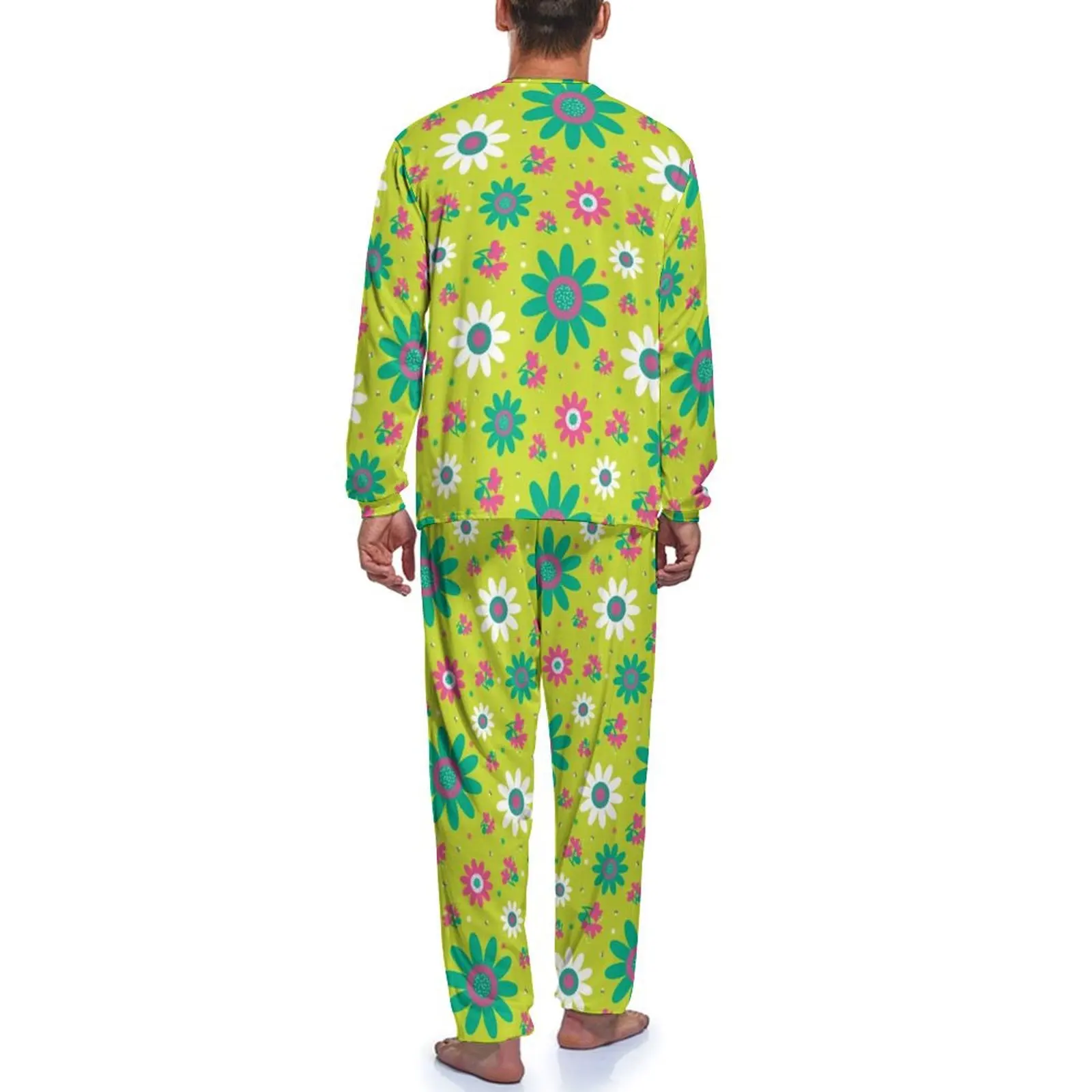 Pijama Retro de la paz de los 60 para hombre, Conjunto de pijama fresco de manga larga con estampado Floral de girasol, diseño de primavera para dormir, traje para el hogar, regalo, 2 piezas