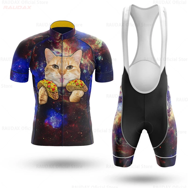 Men\'s Cycling Clothes Funny Cartoon Cat Summer Short Sleeves Cycling Jersey Set Breathable Quick Dry Sportswear Maillot Ciclismo