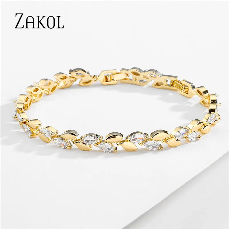 ZAKOL Trendy Charm Marquise Cut Cubic Zirconia Bracelets For Women CZ Leaf Bridal Wedding Party Jewelry Gift BP2252