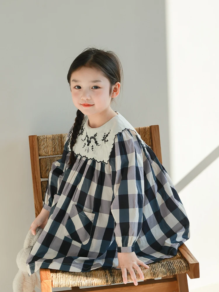 2024 Embroidered Turn Down Collar Plaid Dress Long Sleeves Girl Dresses Cotton Newborn Clothing Kids Vestidos Party Baby Clothes