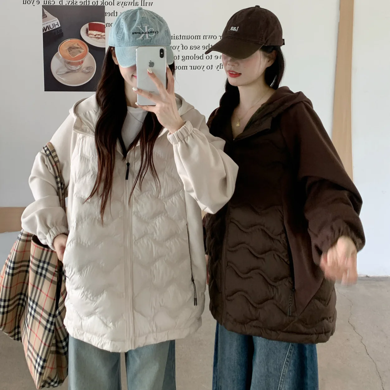 Spliced Short Women Parkas Coats Hooded Overcoats Solid Zipper Long Sleeves Loose Fit Thin Office Lady Casual Autumn Winter 2025