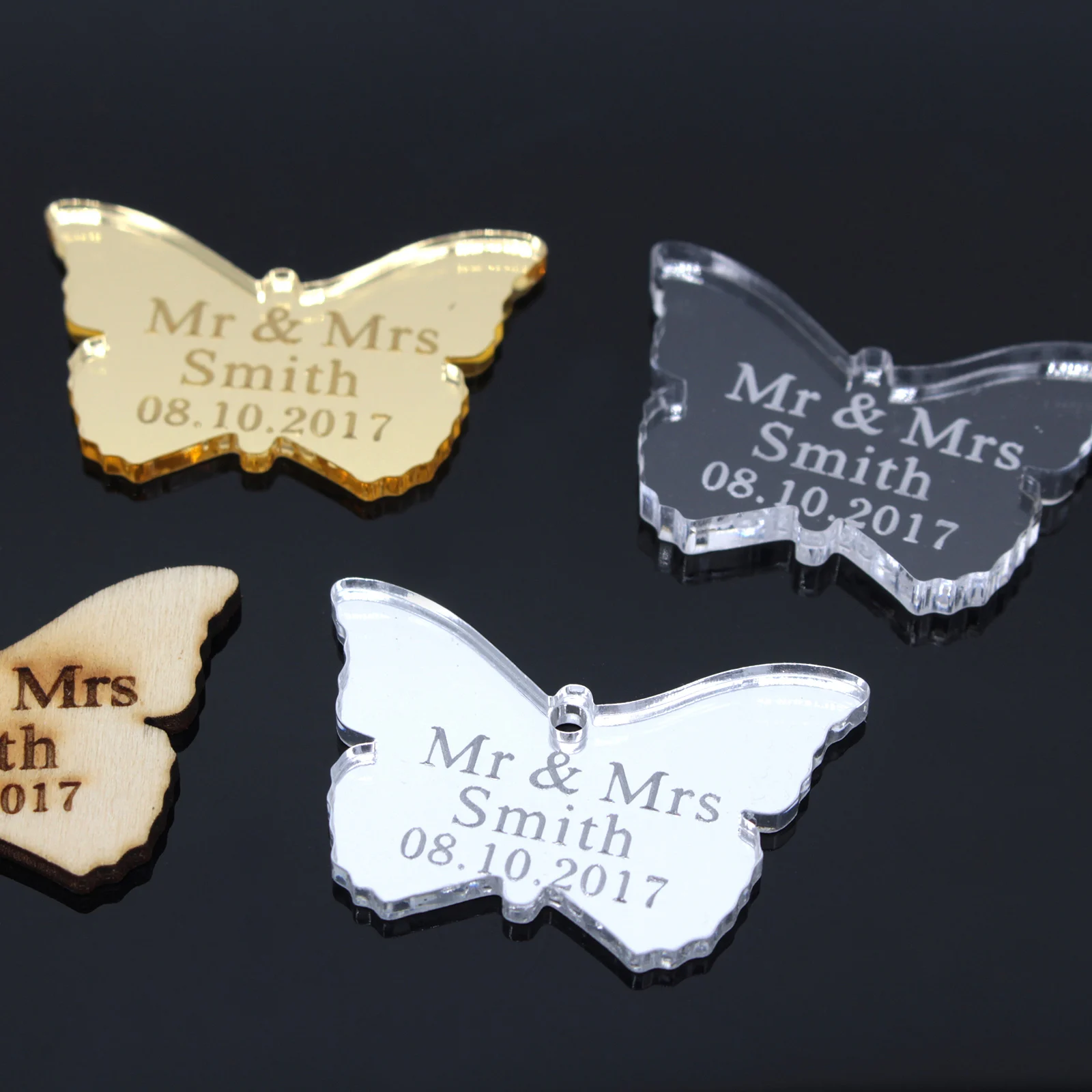 30/50/100pcs Personalized Acrylic Butterfly Custom Wedding Name Baby Baptism Mirror Silver Gold Engraved Tag Decoration Gift
