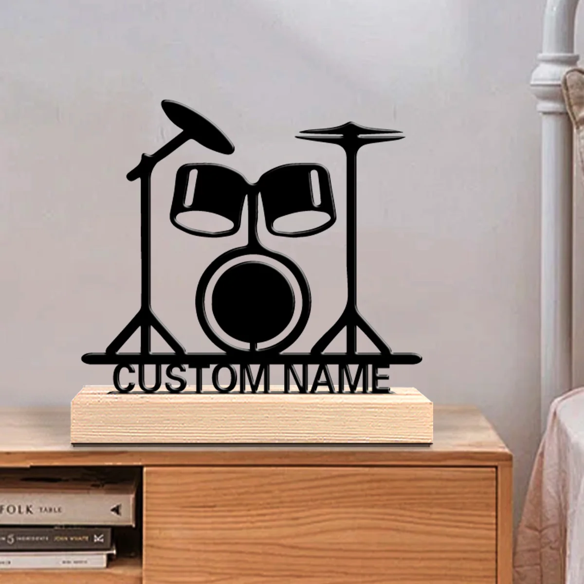 1pc Thriller Personalized Custom Drum Set Metal Statues Wooden Accent Wall Decor for Living Room, Bohemian, Eclectic Home Style
