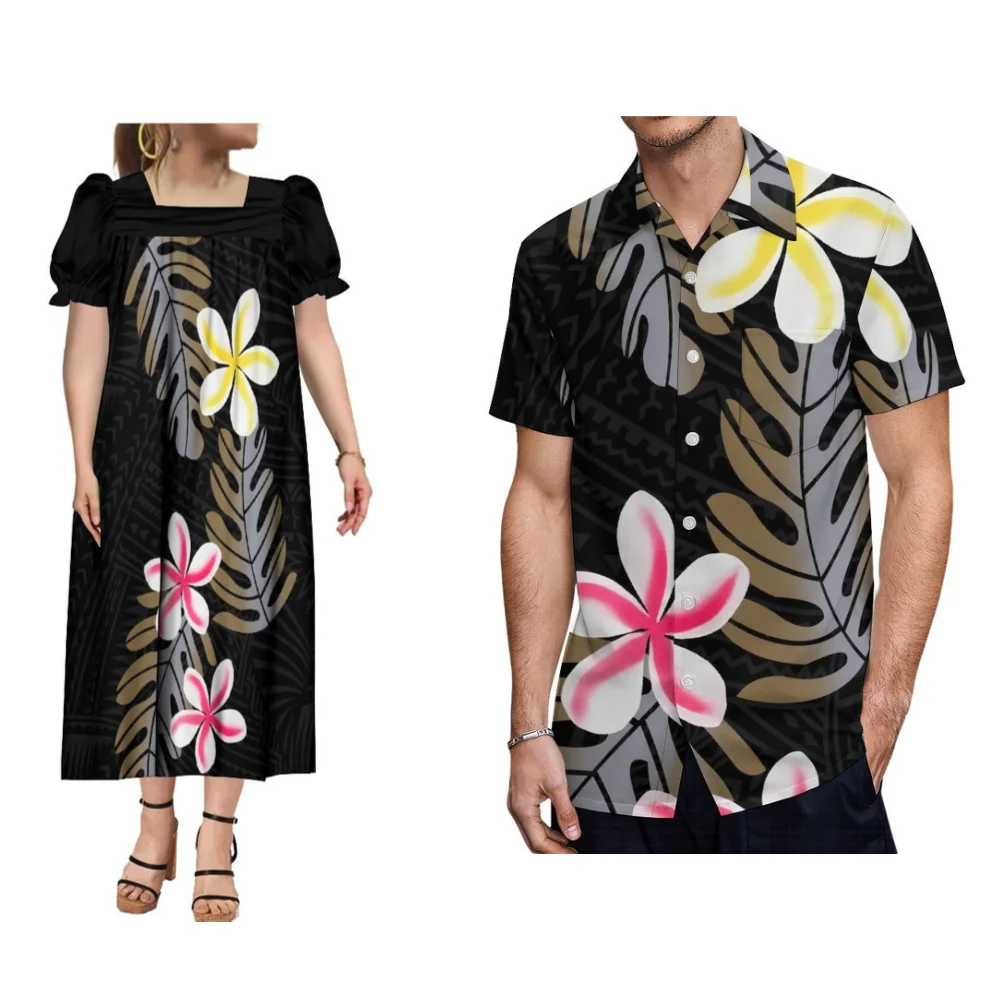 Mumu's-Vestido feminino de manga curta, camisa masculina, terno de casal, vestido estampado vintage polinésio, novo, verão