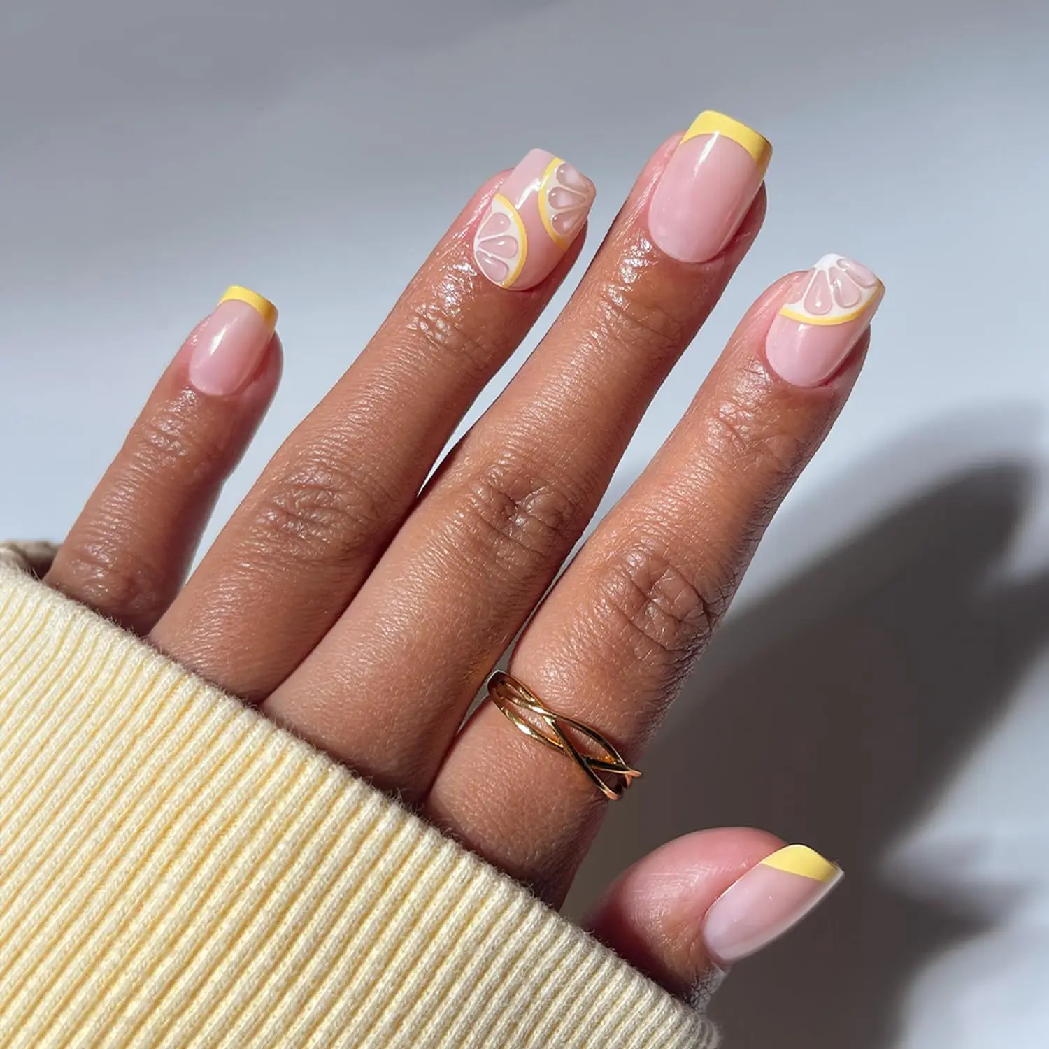 Press On Nails Short Squoval Fake Nails with French Tips False Nails with Lemons Salon Quality Summer Nails Press on