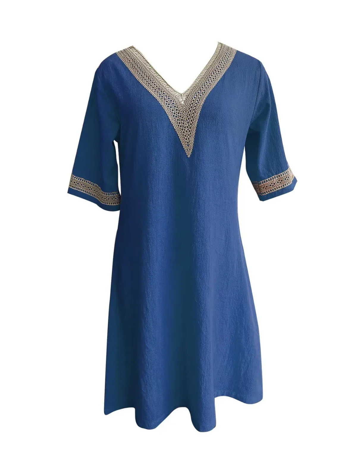 Vestido de lino de algodón de mediana edad para mujer, cuello en V, Color sólido, borde de encaje, moda, vestido informal Simple, vestido adelgazante de talla grande