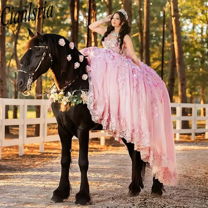 

Розовое милое платье Quinceanera без рукавов, бальное платье с 3D цветами и аппликациями, кружево Sweet 15 Años, мексиканское индивидуальное платье