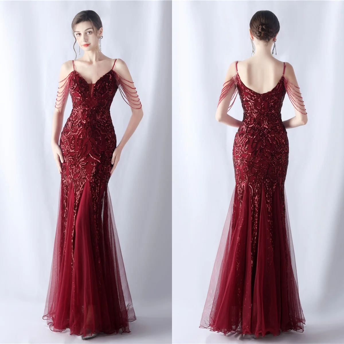 Evening Dresses Burgundy Sequins Stretchy Sgaphetti Straps Zipper Mermaid Trumpet Floor Length Women Party Formal Gowns YE044