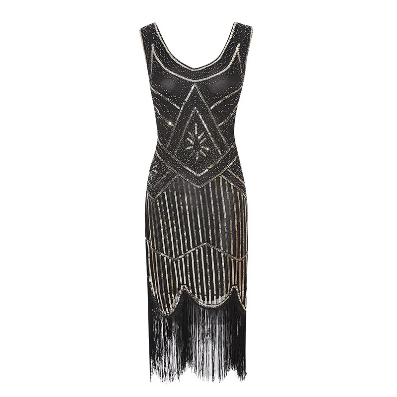 Women's Plus Size V-neck Sleeveless Flapper Dress Glitter Beaded Fringe Swing Roaring 20s Great Gatsby Sequin Tunic Dress