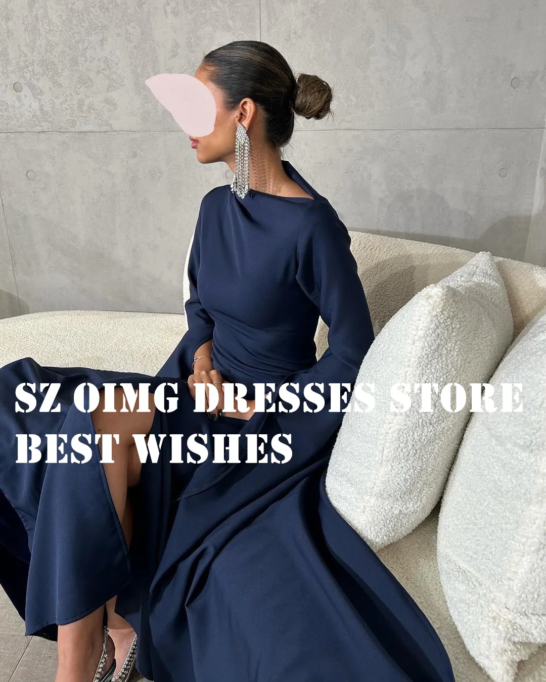 Oimg Marineblau Abschluss ball Kleid Arabisch lange Ärmel geraffte Scheide Satin rücken frei Sweep Zug Frauen Abendkleider formelle Party kleid