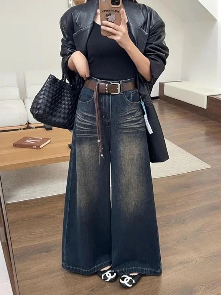 Women's Retro Blue Wide-leg Jeans Spring Pants Casual Street Style Cool Girl Bottoms Female Baggy High Waist Trousers