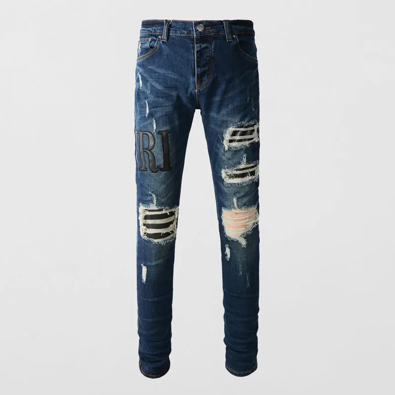 

Designer fashion new dark blue men's jeans, washed stretch slim fit jeans, high street hip-hop brand pants, men's clothing