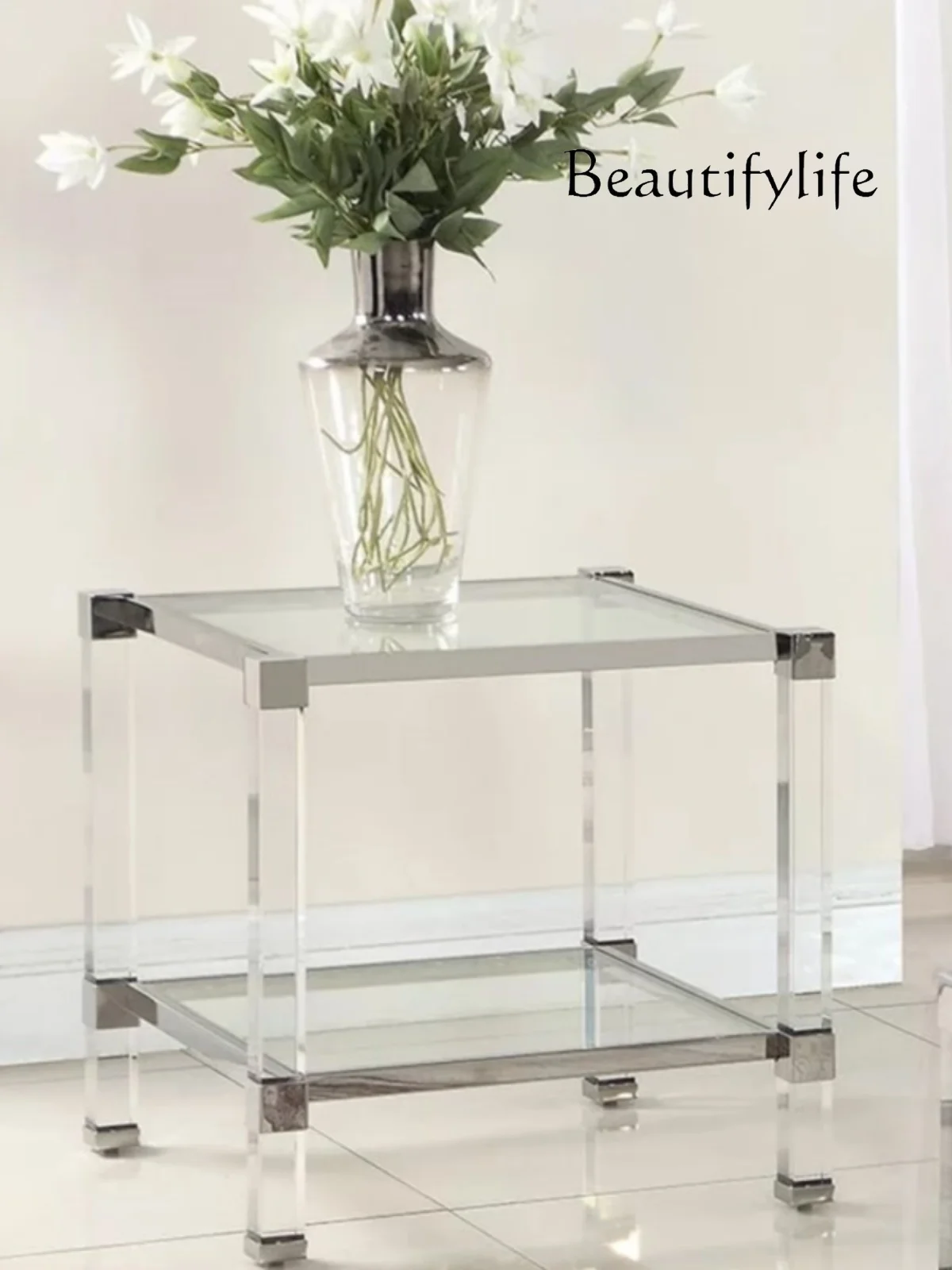 Transparent Acrylic Organic Glass Creative Corner Table Side Table Double Deck and Multi-Layer Shelf Metal Racket