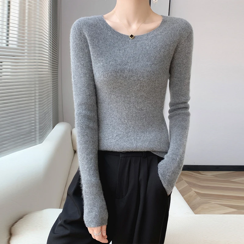 Autumn and winter new 100% pure wool cashmere sweater O-neck fashion slim pullover solid color long sleeve with bottoming shirt