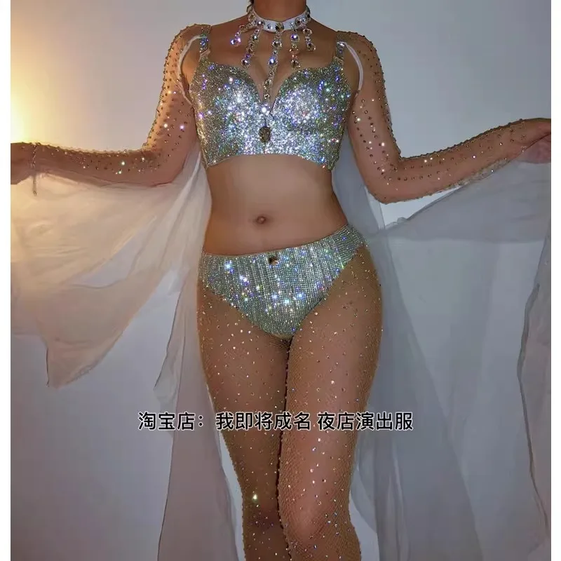 customized modern female singer Dj model rings pole belly dance silver sparkling diamond bra lingerie set Ds performance outfit