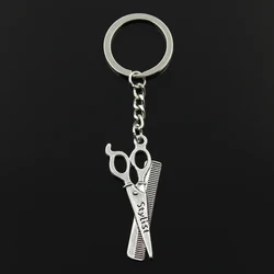 패션 3cm 열쇠 고리 금속 열쇠 고리 키 체인 쥬얼리 골동품 청동 실버 컬러 이발사 가위 빗 스타일리스트 24x53mm 펜던트, 키 체인 주얼리 선물하기 좋은
