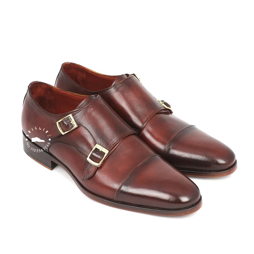 Double Monk Strap Handmade Shoes Cap Toe Hand Painted Oxford Shoes Designer Style Luxury Leather Shoes Buckle Almond Derby Shoes