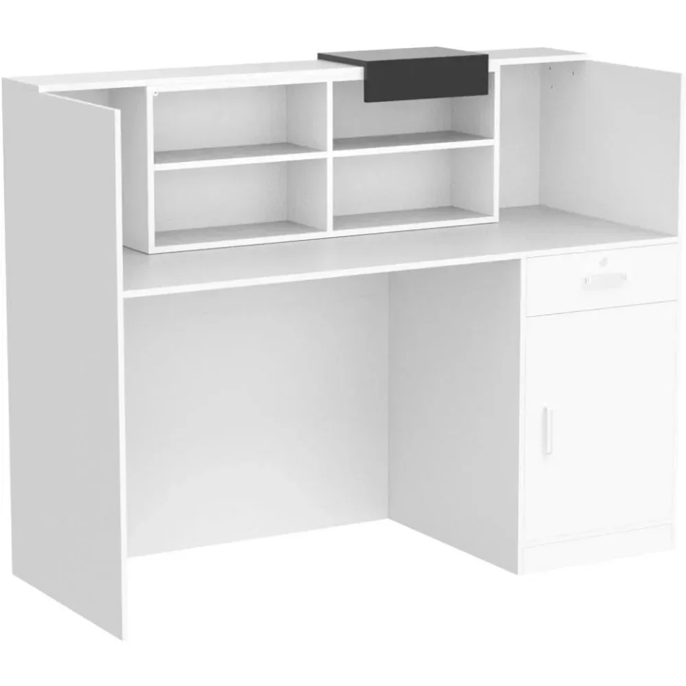 Durable Modern Reception Desk Counter with Hutch, Adjustable Storage Cube, Lockable Drawer & 1 Door Cabinet, Office Wooden