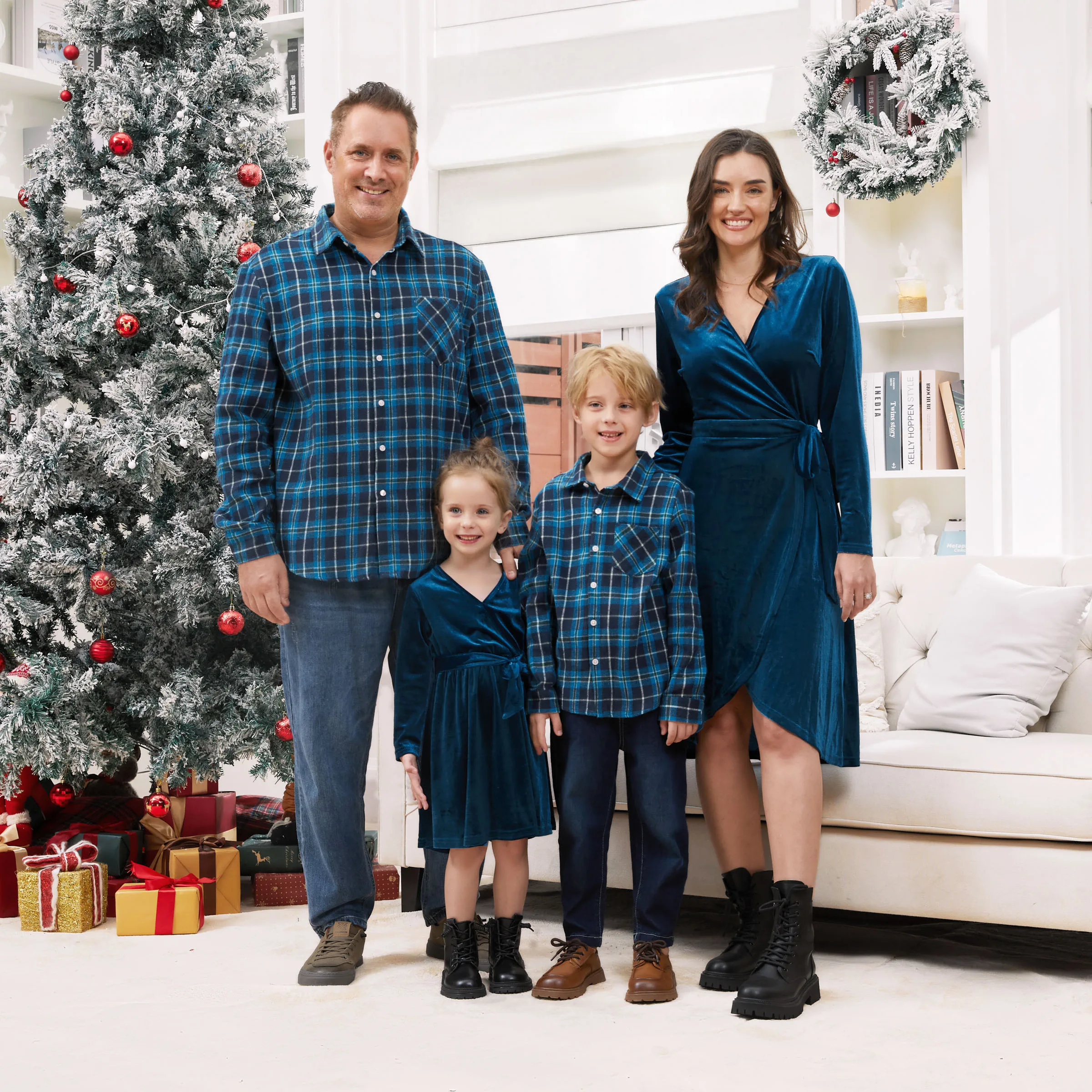 

PatPat Blue Matching Family Outfit Plaid Shirt and Velvet Dress (Long Sleeves)