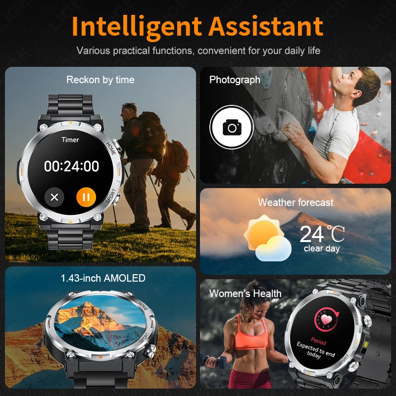 LIGE 1.43-inch AMOLED Screen Military Smart Watch Men Compass Heart Rate Waterproof Bluetooth Calling Smartwatch LED Flashlight