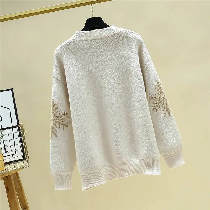 เสื้อสเวตเตอร์ไหมพรมผู้หญิงแฟชั่น เสื้อกันหนาวฤดูหนาว เสื้อผ้าฤดูใบไม้ร่วง เสื้อถักคอทรงกลม แขนยาว ทรงหลวม