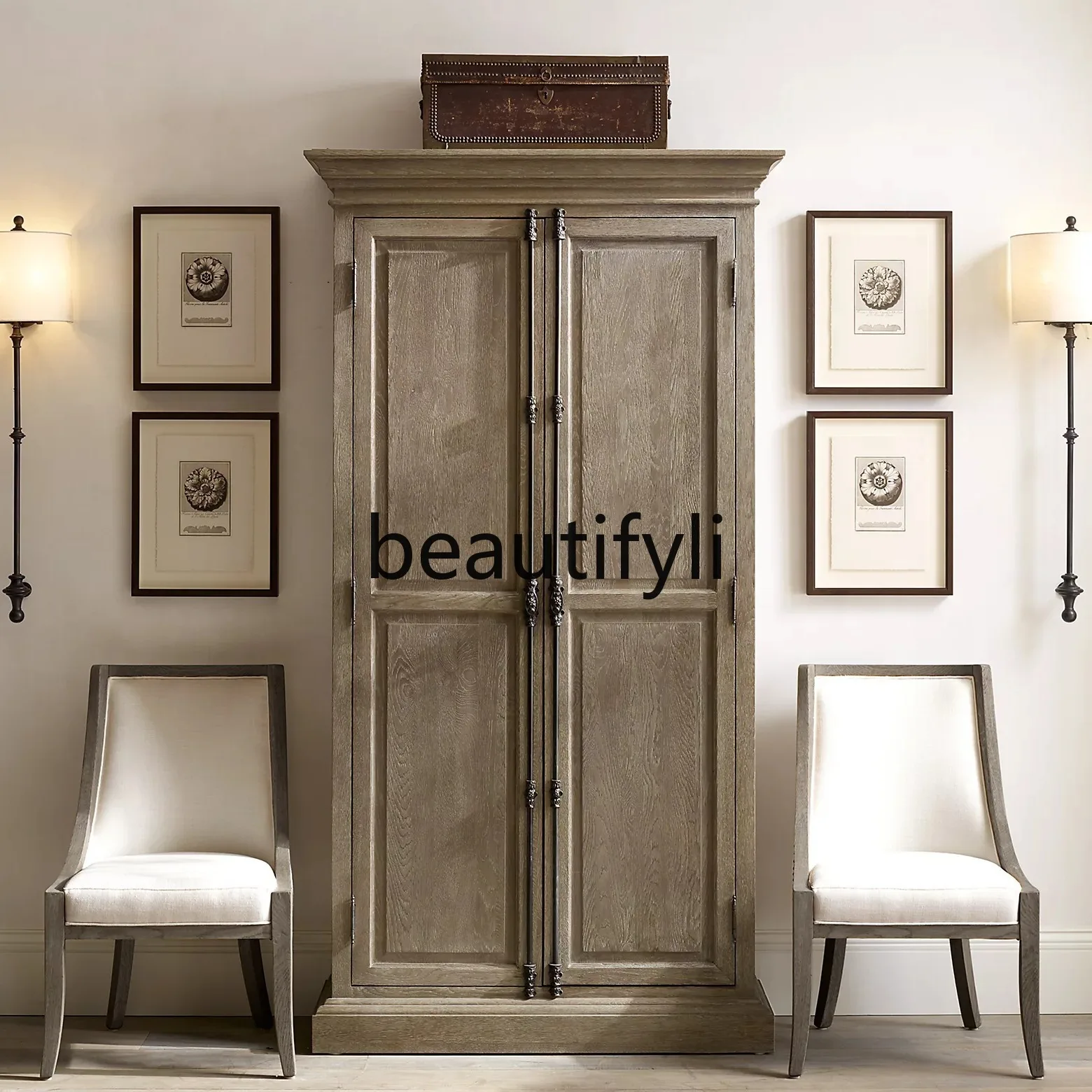 

French Retro Solid Wood Carved Wardrobe Antique Distressed Decorative Cabinet Sideboard Storage Cabinet