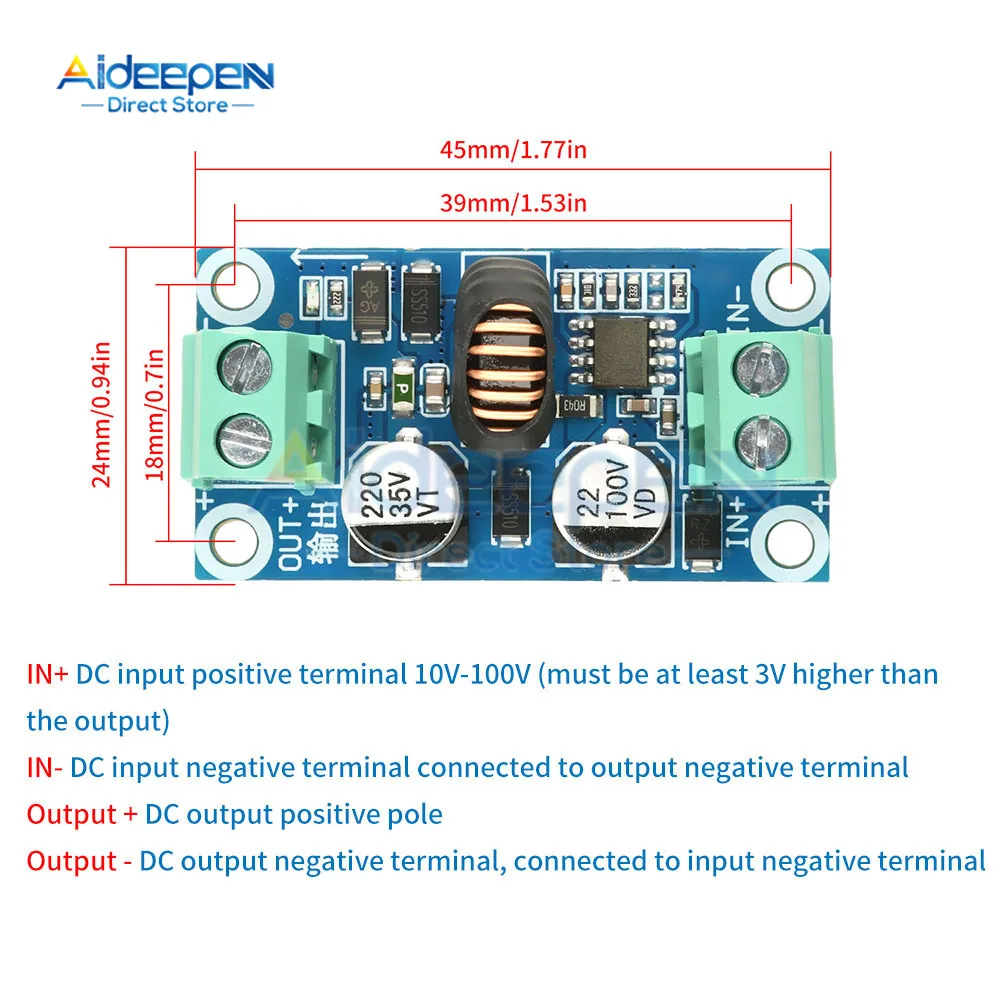 Convertidor reductor de DC-DC, módulo de fuente de alimentación Buck de 10-100V a 5V/12V/24V 3A con protección total para uso automotriz e industrial