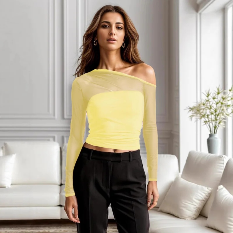 

Осенняя новая сетчатая футболка с длинными рукавами и диагональными плечами, сексуальный уникальный топ с плечами Pure Desire