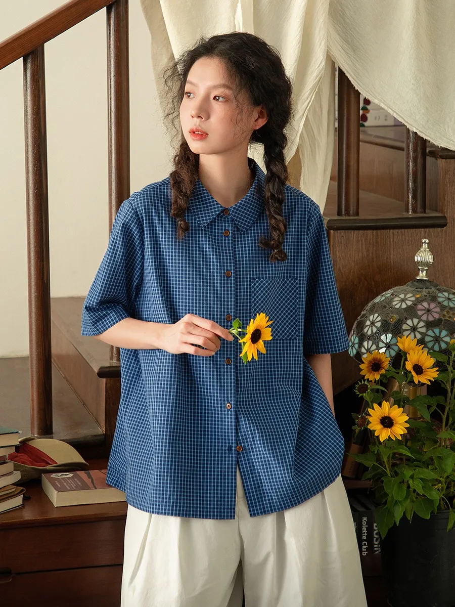 

Original Retro Blue Plaid Cotton Shirt Women's Summer Thin Casual Top Turn-down Collar Pure Cotton Shirt Loose Fit Short Sleeve