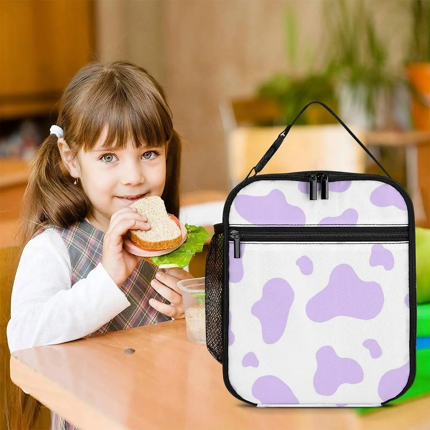 Men Women Adults Cute Cow Print Purple Art Lunch Box Food Bag for Work Office Outdoor Picnic Meal Prep, Multi-Purpose