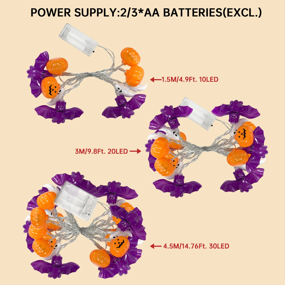 1PC LED Halloween Bat & Ghost & Pumpkin String Light Battery Powered For Home Bedroom Living Room Halloween Theme Party Decor