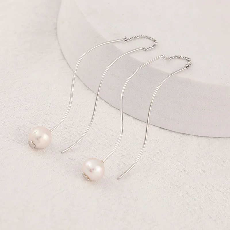 New 925 Silver Earrings S-shaped Side Ear Line Fashionable Ins Baroque Pearl Long Earrings for Women's Wedding Jewelry
