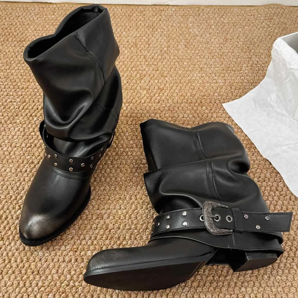 Western Ankle Boots for Women Chunky Heel Pleated Round Toe Riding Boots Vintage Black Belt Buckle Women's Boots Platform Shoes