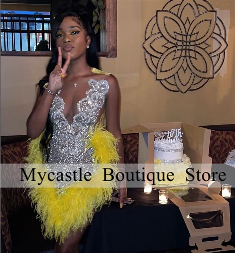 

Yellow Feathers Mini Cocktail Dresses 2025 For Black Girl With Silver Crystal Short Prom Dress Birthday Party Gown Customized