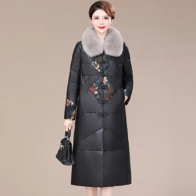 Genuine leather down women's winter new outfit with printed fox fur collar and sheepskin