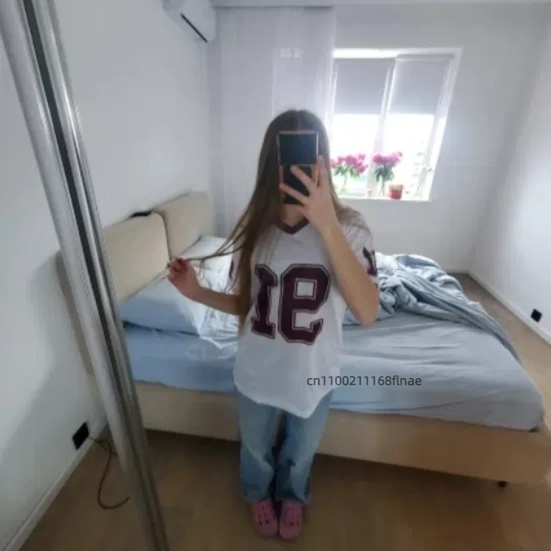 스트리트 댄스 드레스 여성 여름 v 넥 스포츠 스타일 패션 트렌드 반팔 캐주얼 91 디지털 프린트 패턴 티셔츠 짧은