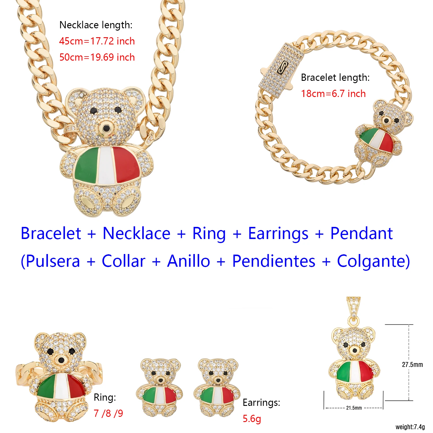 

3D Bear Romantic Italian Jewelry Girls Gift Set 14K Brass Zirconia Gift Dominican