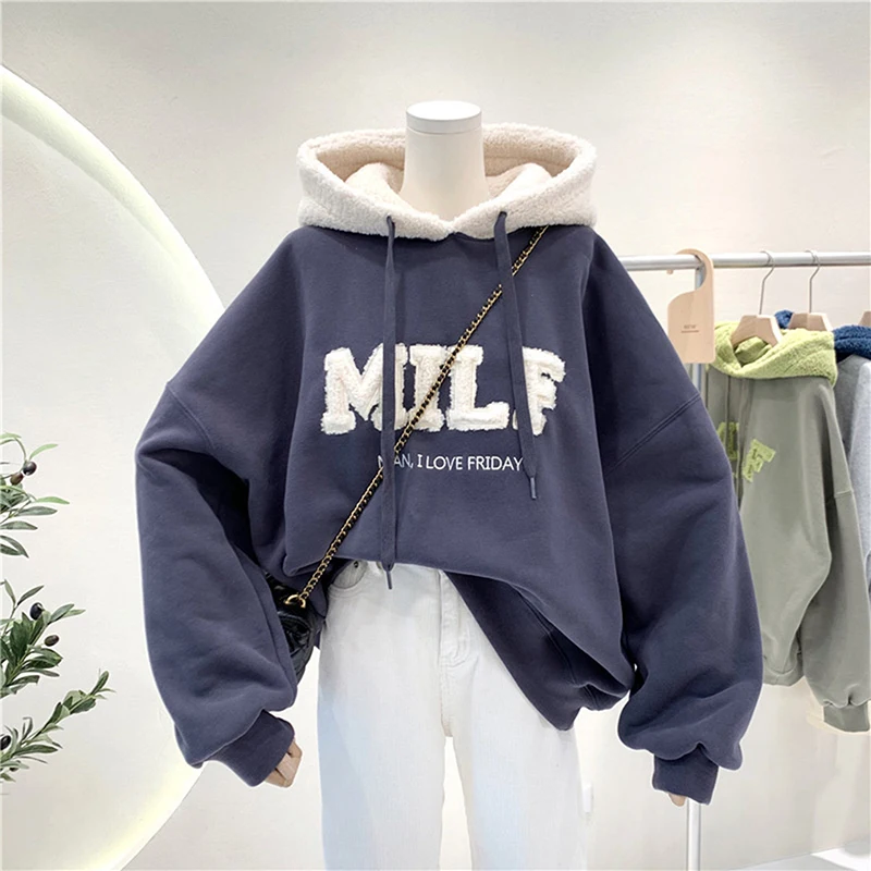 Fashion Patchwork Oversize Sweatshirt Women Winter Casual Loose Cotton Thick Letter Long Sleeve Hoodies Female Streetwear