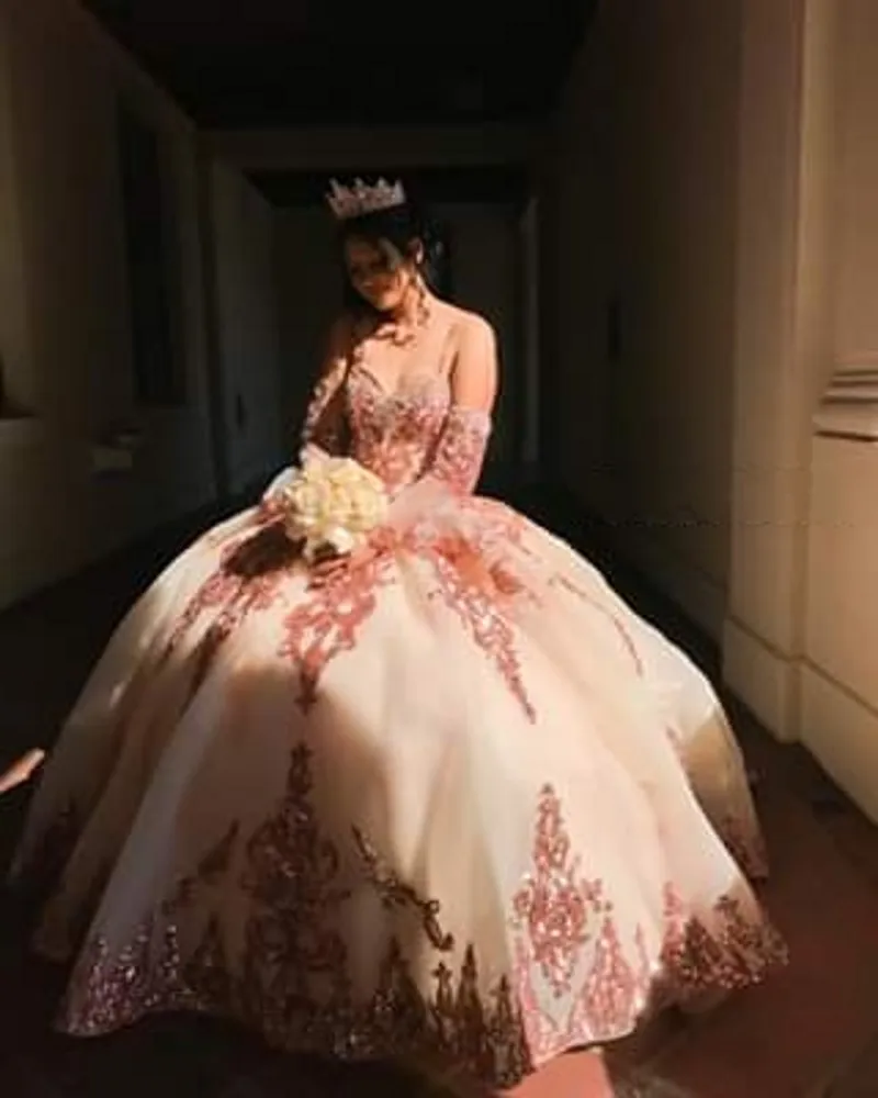 Vestido de quinceañera Charro, color rosa dorado, con lentejuelas, 15 años de hombros descubiertos, dulce 16