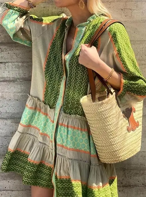 

Spring and Summer New Fashionable Wave Print Round Neck Button Up Shirt Dress for Women's Casual Loose Lantern Sleeve Dress