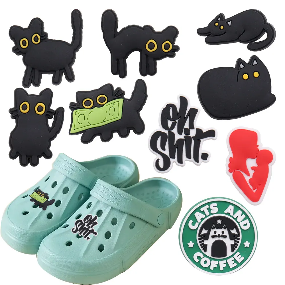 1-9PCS PVC Kawaii Animal Shoe Charms Fit Wristbands Black Cat Sandal Shoe Decoration Buckle Hole Slipper Accessories Xmas Gift