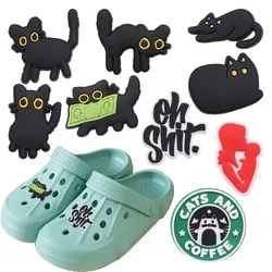 1-9PCS PVC Kawaii Animal Shoe Charms Fit Wristbands Black Cat Sandal Shoe Decoration Buckle Hole Slipper Accessories Xmas Gift