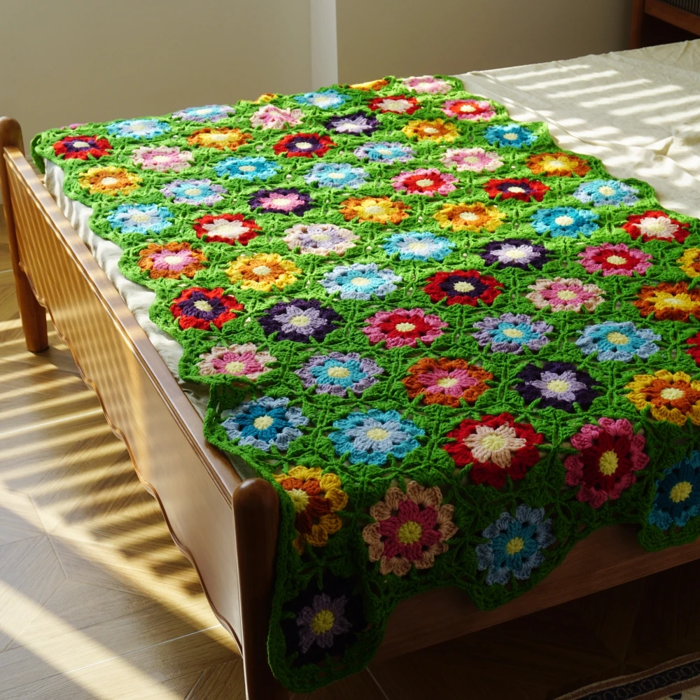 Handmade Granny Square Crochet Throw Green Blanket Sweater Style Year Round Gift Travel Accent for Sofa Home Decor