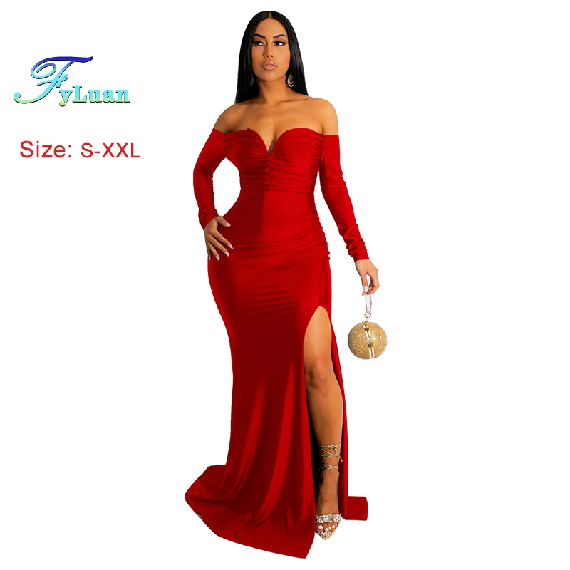 高品質レッドレディースロングドレスラップバスト長袖オフショルダーレディースフィッシュテールドレスセクシーウェディングパーティー誕生日ガウン
