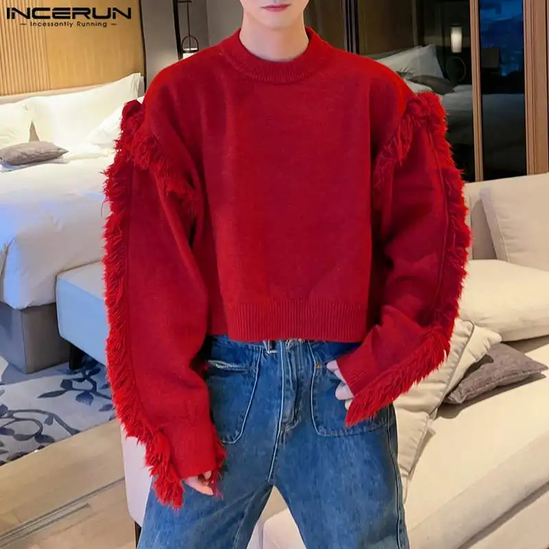 

INCERUN Tops 2023 Korean Style New Men's Pullover Design Solid All-match Sweatshirts Tassels Trimmed Long Sleeved Sweaters S-5XL