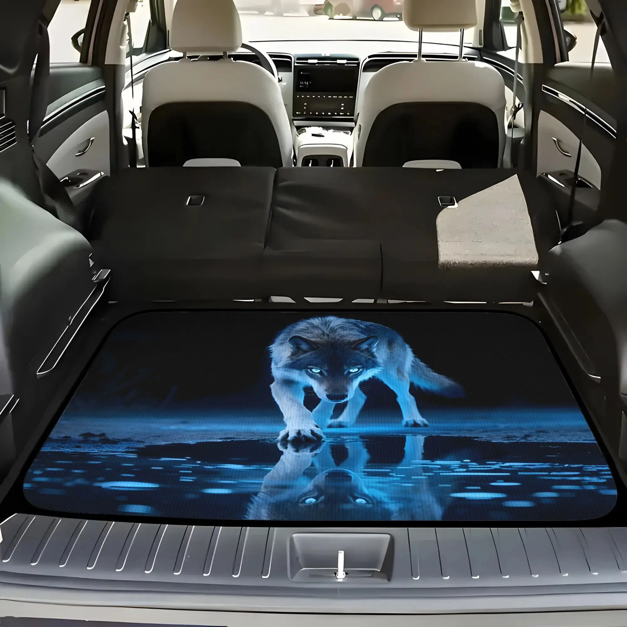 5pcs Majestic Wolf In Bioluminescent Stream: Glowing Blue Reflections In Dark Nature Universal Car Floor Mats And Trunk Mats, Su
